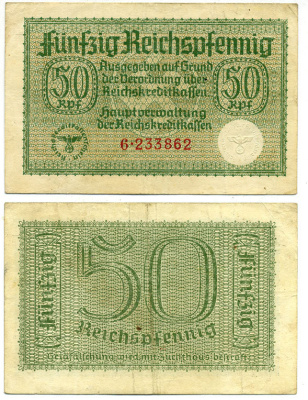 ГЕРМАНИЯ 50 РЕЙХСПФЕННИГОВ 1940-1945 ДЛЯ ОККУПИРОВАННЫХ ТЕРРИТОРИЙ Pick R135 бумага 3295-88-1-2