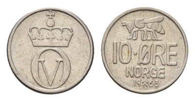 Норвегия 10 эре 1963 Улаф V (1957-1991) KM 412 медно-никель aUNC 4702-541