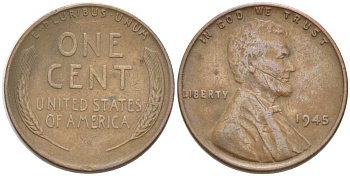 США 1 ЦЕНТ 1945 ЛИНКОЛЬН KM А132 медь цинк 3309-526