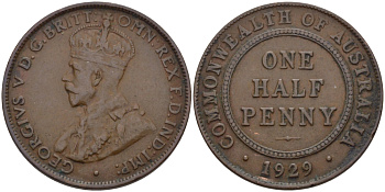 АВСТРАЛИЯ 1/2 ПЕННИ 1929 ГЕОРГ V KM 22 бронза 67-1222