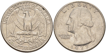 США 25 центов (квотер) 1977 Вашингтон KM A164a медь плакированная медно-никелем 4114-816