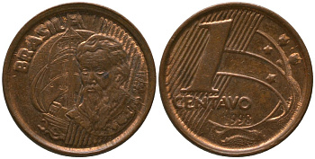 Бразилия 1 сентаво 1998 KM 647, Schon 155 сталь плакированная медью 4576-328