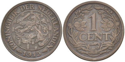 НИДЕРЛАНДЫ 1 ЦЕНТ 1915 ВИЛЬГЕЛЬМИНА I (1891-1948) KM 152 бронза 4547-1064
