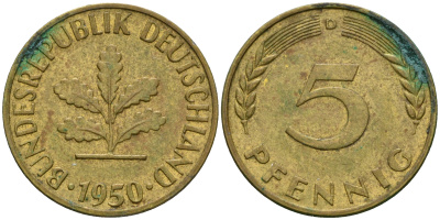 ФРГ 5 пфеннигов 1950 D KM 107, J.382 сталь плакированная латунью 4364-1611