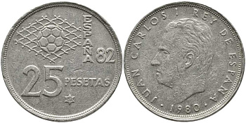 Испания 25 песет 1980 (82) чемпионат мира по футболу в Испании 1982 года, Хуан Карлос I (1975-) KM 818 медно-никель 111-231