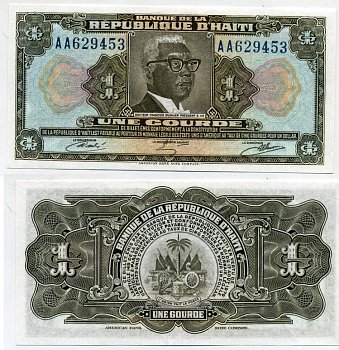 Гаити 1 гурд 1979 первая полимерная (пластиковая), ABNC, президент Франсуа Дювалье Pick 230 пластик UNC (пресс) 451-34-3