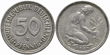 ФРГ 50 пфеннигов 1969 D KM 109.1, J. 384 медно-никель 112-159