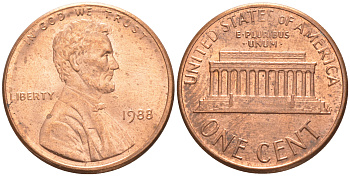 США 1 ЦЕНТ 1988 KM 201b ЛИНКОЛЬН медь цинк UNC 187-714