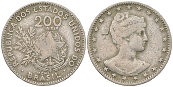 Бразилия 200 реалов 1901 MCMI, голова свободы вправо KM 504 медно-никель 4612-237