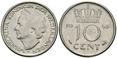 Нидерланды 10 центов 1948 Вильгельмина (1895-1948) KM 177 никель 96-522