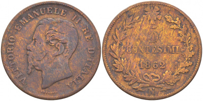 ИТАЛИЯ 5 ЧЕНТЕЗИМО 1862 N, ВИКТОР ЭММАНУИЛ II (1861-1878) KM 3.3 медь 4548-131