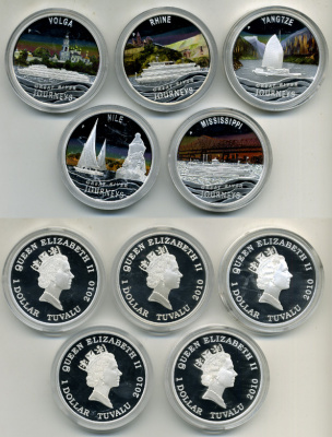 Тувалу набор из 5 монет 2010 великие реки мира, в оригинальной коробке, с сертификатом, цветная эмаль KM NEW серебро PROOF 14-01-02-04