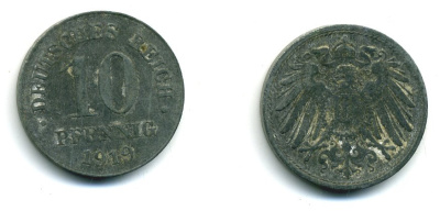 ГЕРМАНИЯ 10 ПФЕННИГОВ 1919 KM 26, J. 299 цинк 54-514