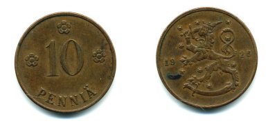 Финляндия 10 пенни 1926 республика (1918-1962) KM 24 медь 46-1537