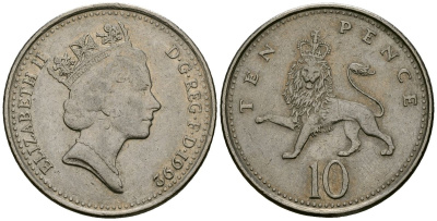 Великобритания 10 пенсов 1992 Елизавета II (1952-2022) KM 938b, Spink 4367 (F4) медно-никель 4167-537