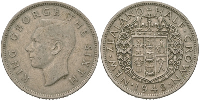 Новая Зеландия 1/2 кроны 1949 Георг VI (1936-1952) KM 19 медно-никель 4149-311