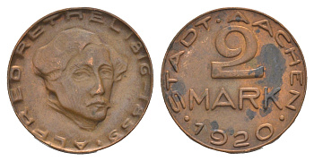Аахен 2 марки 1920 Funck 1.17, Men05 70.63, Men18 99.63 латунь 1528-533