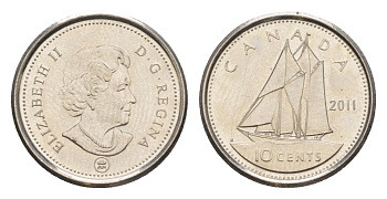 Канада 10 центов 2011 Leaf, Елизавета II (1952-2022), парусник KM 492 сталь плакированная никелем UNC 4630-865