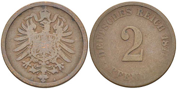 ГЕРМАНИЯ 2 ПФЕННИГА 1874 A, СТАРОГЕРБОВКА KM 2, J. 2, Weege 3 медь 212-457