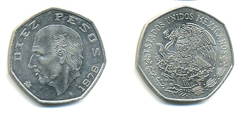 МЕКСИКА 10 ПЕСО 1978 МАНУЭЛЬ ХИДАЛЬГО КАСТИЛЬЯ KM 477.2 медно-никель 86-1525