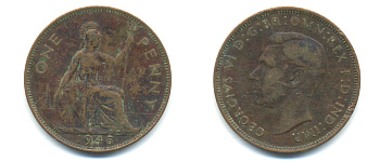 Великобритания 1 пенни 1945 Георг VI (1936-1952) KM 845, Spink 4114 бронза 89-216