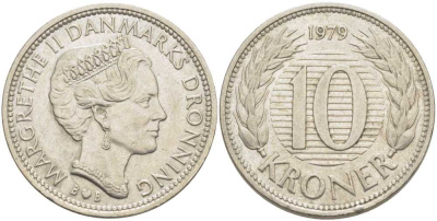 ДАНИЯ 10 КРОН 1979 B; B, МАРГРЕТЕ II (1972-) KM 864.1 медно-никель 4403-321