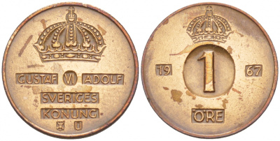 Швеция 1 эре 1967 U Густав VI Адольф (1950-1973) KM 820 бронза 4547-1052