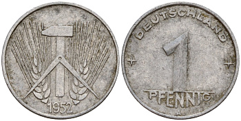 ГДР 1 пфенниг 1952 A KM 5 алюминий 192-1056