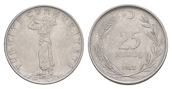 Турция 25 курушей 1962 KM 892.2 нержавеющая сталь 4577-336