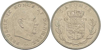 ДАНИЯ 5 КРОН 1972 S; S, ФРЕДЕРИК IX (1947-1972) KM 853.2 медно-никель 38-513