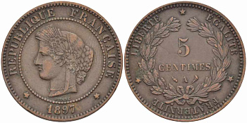 ФРАНЦИЯ 5 САНТИМОВ 1897 А, ТРЕТЬЯ РЕСПУБЛИКА (1871-1940) KM 821.1, LE FRANC 118.41 бронза 108-653