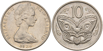 Новая Зеландия 10 центов 1976 Елизавета II (1952-2022), маска маори KM 41.1 медно-никель 4603-252