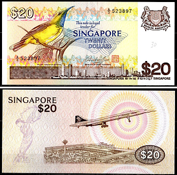 Сингапур 20 долларов ND (1979) Желтогрудая нектарница, самолет и аэропорт Pick 12 бумага 435-76-3-1