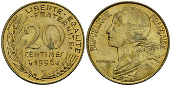 Франция 20 сантимов 1996 тип Marianne KM 930 алюминиевая бронза 4167-543