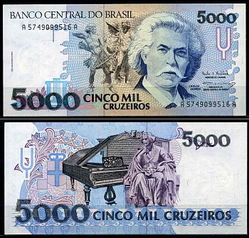 Бразилия 5000 крузейро ND (1990-1993) серия А 5749, Карлось Гомес, музыкант, рояль Pick 232 c бумага UNC (пресс) 2197-45-3-2