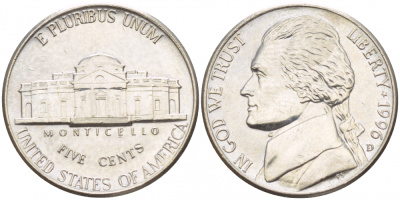 США 5 ЦЕНТОВ 1996 D, ДЖЕФФЕРСОН KM А192 медно-никель 4546-1225
