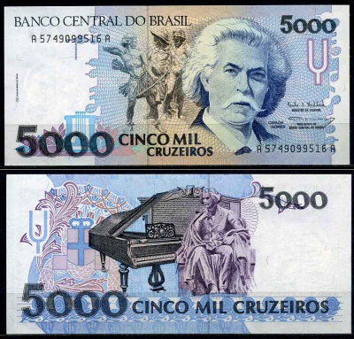 Бразилия 5000 крузейро ND (1990-1993) серия А 5749, Карлось Гомес, музыкант, рояль Pick 232 c бумага UNC (пресс) 2197-45-3-2