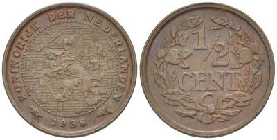 НИДЕРЛАНДЫ 1/2 ЦЕНТА 1938 ВИЛЬГЕЛЬМИНА I (1891-1948) KM 138 бронза 4547-1253