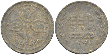 НИДЕРЛАНДЫ 10 ЦЕНТОВ 1942 ВИЛЬГЕЛЬМИНА I (1891-1948), ГЕРМАНСКАЯ ОККУПАЦИЯ, ВТОРАЯ МИРОВАЯ ВОЙНА KM 173 цинк 4548-834