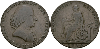 Великобритания, Чешир - Маклсфилд 1/2 пенни 1791 Чарлз Роу, токены Кондера Dalton & Hamer 24 медь 1529-513