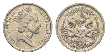 Австралия 5 центов 1988 Елизавета II (1952-2022), ехидна KM 80 медно-никель 4152-1143