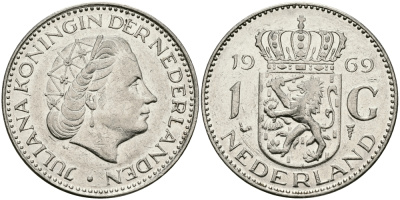 Нидерланды 1 гульден 1969 Юлиана (1948-1980) KM 184a никель 94-615
