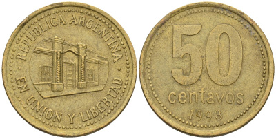 Аргентина 50 сентаво 1993 здание конгресса Тукумана, узкие буквы KM 111.1, CJ 5, Schon 112 алюминиевая бронза    60-447