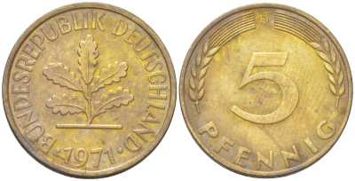 ФРГ 5 пфеннигов 1971 D KM 107 сталь плакированная латунью 4613-1226