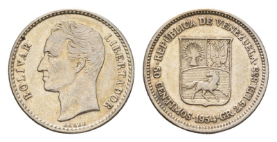 Венесуэла 50 сентимо 1954 год-тип, Симон Боливар Y 36 серебро 4669-634
