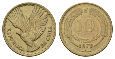 Чили 10 сентесимо 1970 KM 191 алюминиевая бронза 4688-316