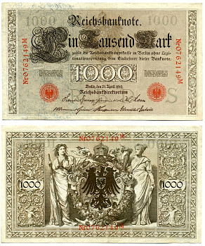 Германия 1000 марок 1910 21 апреля 1910, красная печать, номер семизначный, серия M, буква S, выпуск АВГУСТ 1922 Pick 44, Роземберг 45с бумага VF 8606-40-2-2