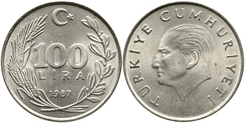 ТУРЦИЯ 100 ЛИР 1987 KM 967 медь никель цинк 29-933