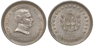 Уругвай 25 сентесимо 1960 KM 40 медно-никель 4169-954