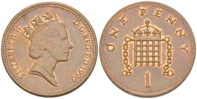 Великобритания 1 пенни 1990 Елизавета II (1952-2022) KM 935, Spink 4381 (B3) бронза 175-613
